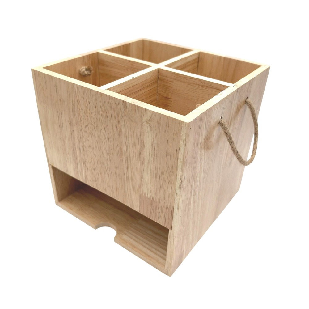 DECOCRATED NEW Wooden Desktop Party Silverware Caddy Organizer Jute Handles